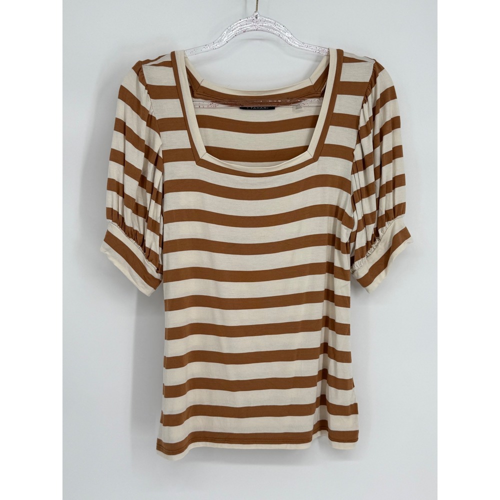 T Tahari Womens Brown Cream Striped‎ Square Neck Puff Short Sleeve Top Sz M
